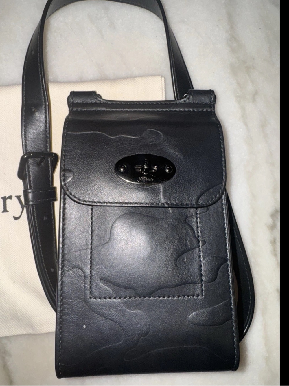Mulberry Black Leather Crossbody Phone Pouch with Turn-Lock